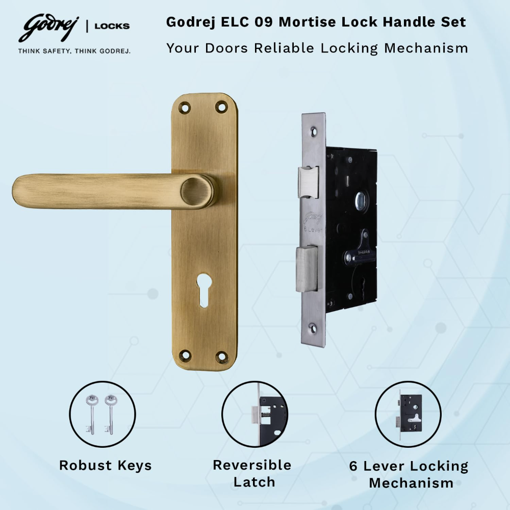 Godrej  Mortise Door Lock | Handle Set | ELC 09 | 6 Lever Locking Mechanism | Reversible Latch | For Home and Office  | for Wooden Doors | Antique Brass Finish | 5 Year Warranty